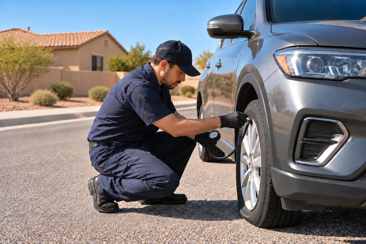 Roadside technician inspecting a vehicle tire on a safe desert roadside