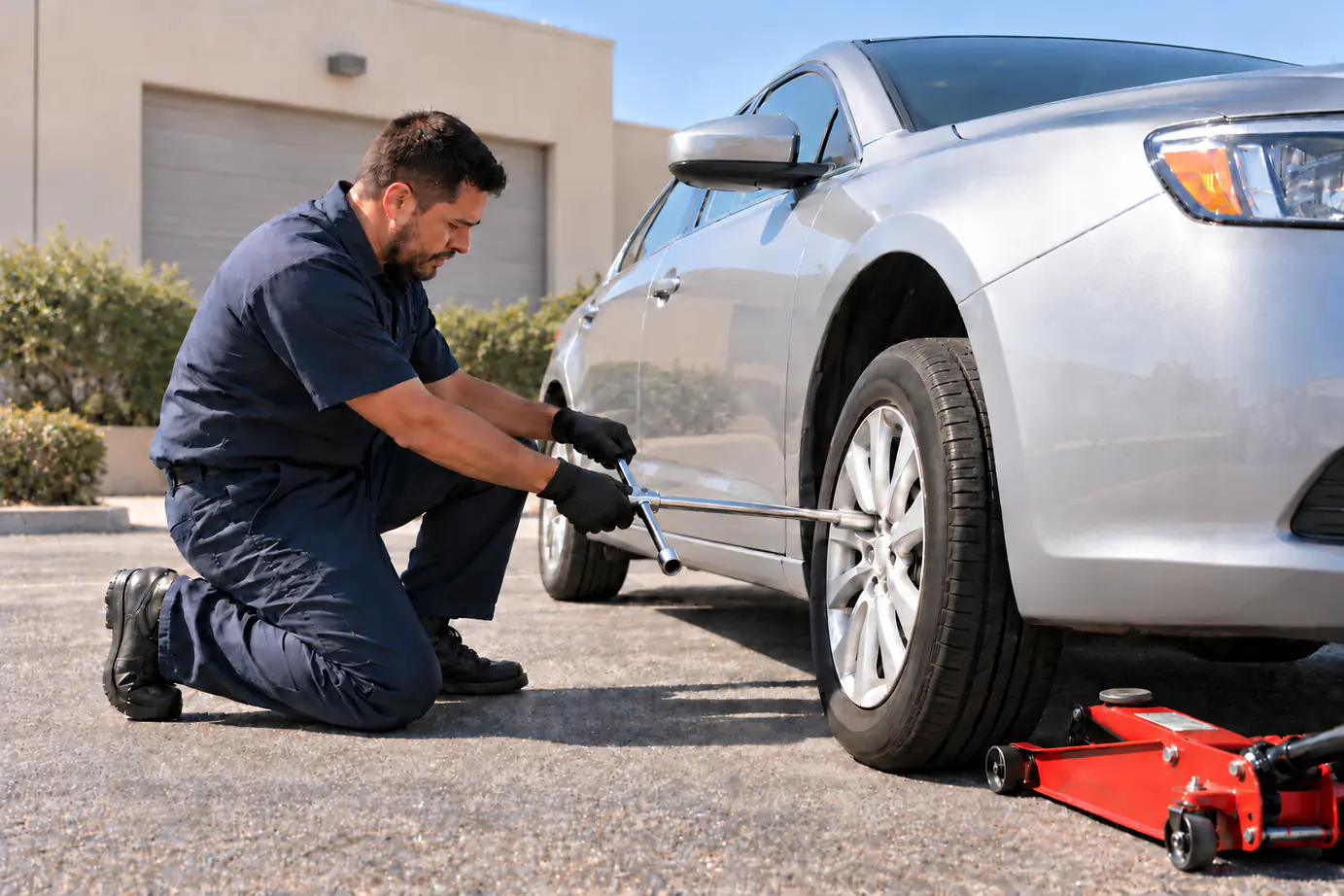 Technician changing a tire beside a parked vehicle